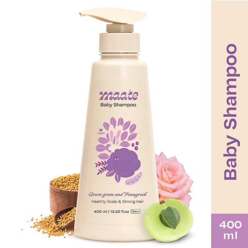 Maate Baby Shampoo from Green Gram & Fenugrek Extracts, Soap Free & Tear Free tural Cleanser, 400ml, Buy from Indicrest