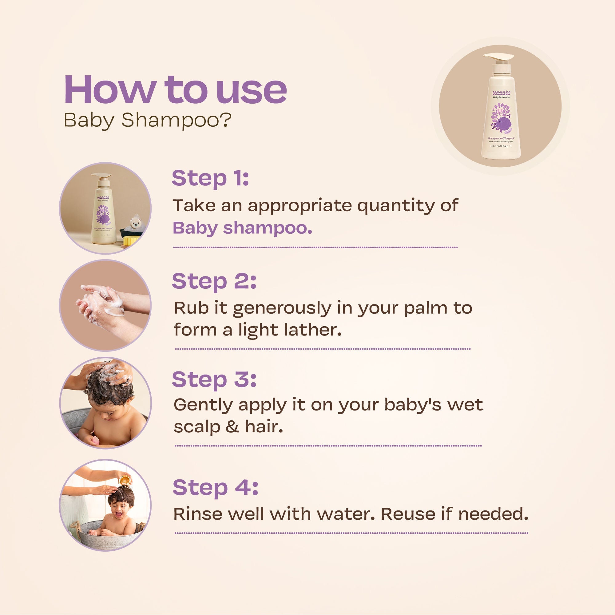 Maate Baby Shampoo from Green Gram & Fenugrek Extracts, Soap Free & Tear Free tural Cleanser, 400ml