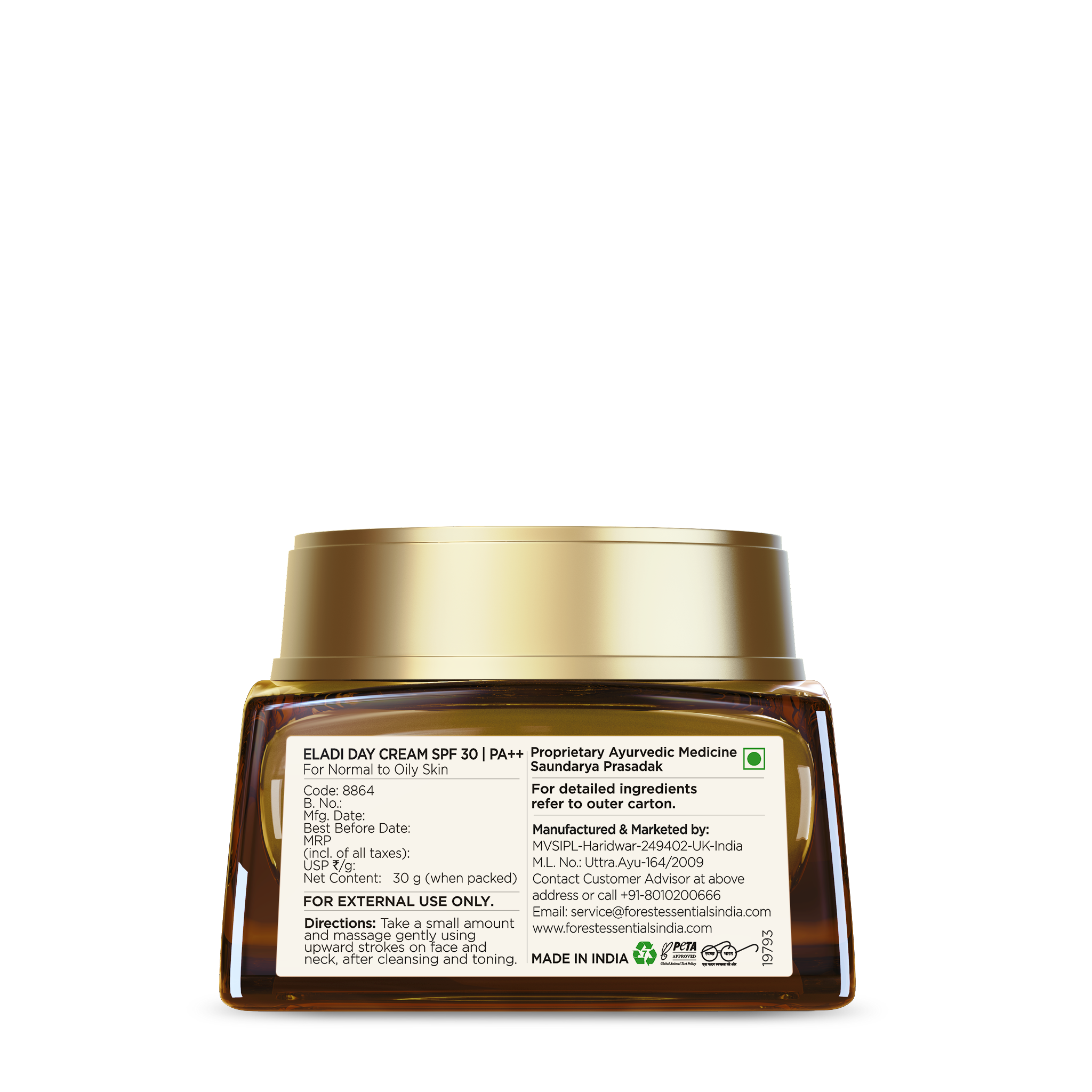 Forest Essentials Eladi Day Cream With SPF 30 PA++ Ayurvedic For Acne Prone Skin With Niacinamide, 30g