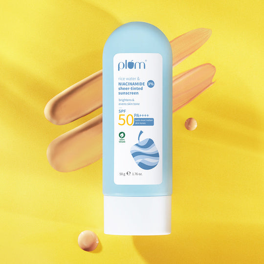 Plum 3% Niacinamide & Rice Water SPF 50 Sheer-Tinted Sunscreen | Universal Tint For Most Indian Skin Tones | Non-Greasy, 50g Buy at Indicrest