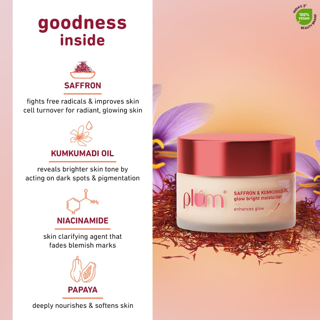 Plum Saffron & Kumkumadi Oil Glow Bright Moisturizer with SPF 35 | Enhances Glow | Brightens Skin, 50g x 2 Buy at Indicrest Image 10