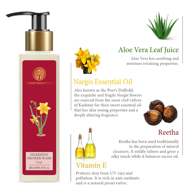 Forest Essentials Silkening Shower Wash Nargis - Ayurvedic Body Wash Sulphate Free, 200ml