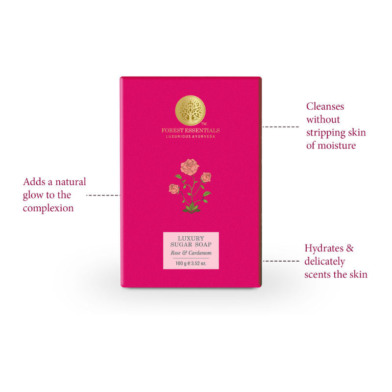 Forest Essentials Luxury Sugar Soap Rose & Cardamom - Ayurvedic Handmade Natural Bath Soap, 100 g