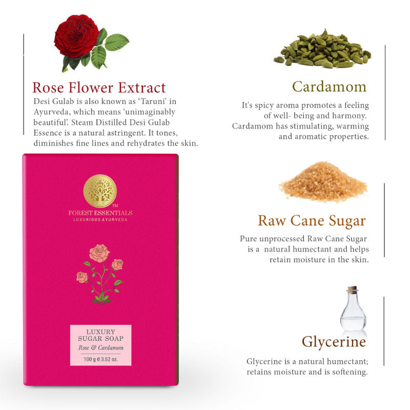 Forest Essentials Luxury Sugar Soap Rose & Cardamom - Ayurvedic Handmade Natural Bath Soap, 100 g