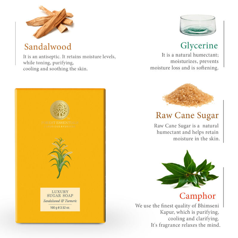 Forest Essentials Luxury Sugar Soap Sandalwood Turmeric - Ayurvedic Handmade Bath Soap, 100 g