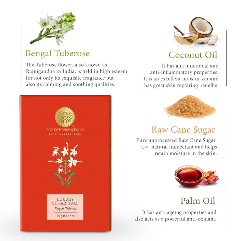 Forest Essentials Luxury Sugar Soap Bengal Tuberose - Ayurvedic Handmade Bath Soap, 100 g