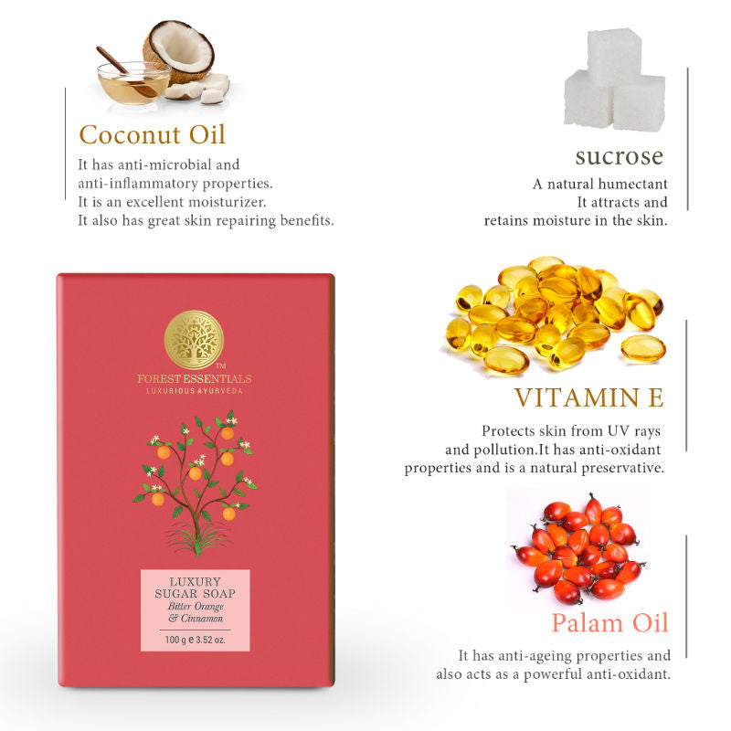 Forest Essentials Luxury Sugar Soap Bitter Orange & Cinnamon - Ayurvedic Handmade Bath Soap, 100 g