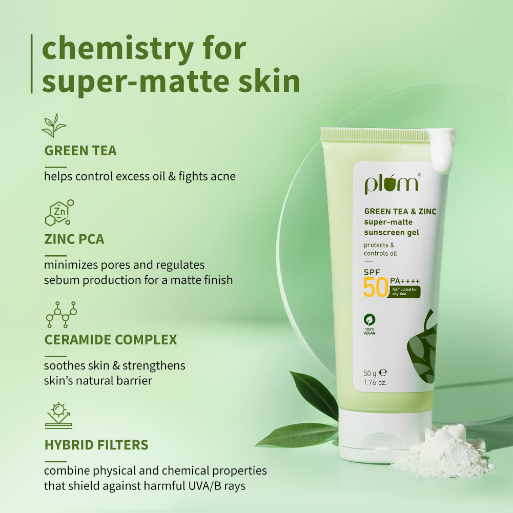 Plum Green Tea & Zinc Super-Matte SPF 50 Sunscreen Gel for Oily Skin | Instant Oil Reduction| 120-Min Water Resistant | Dermat-Tested | No White Cast, 50g Buy at Indicrest Image 4