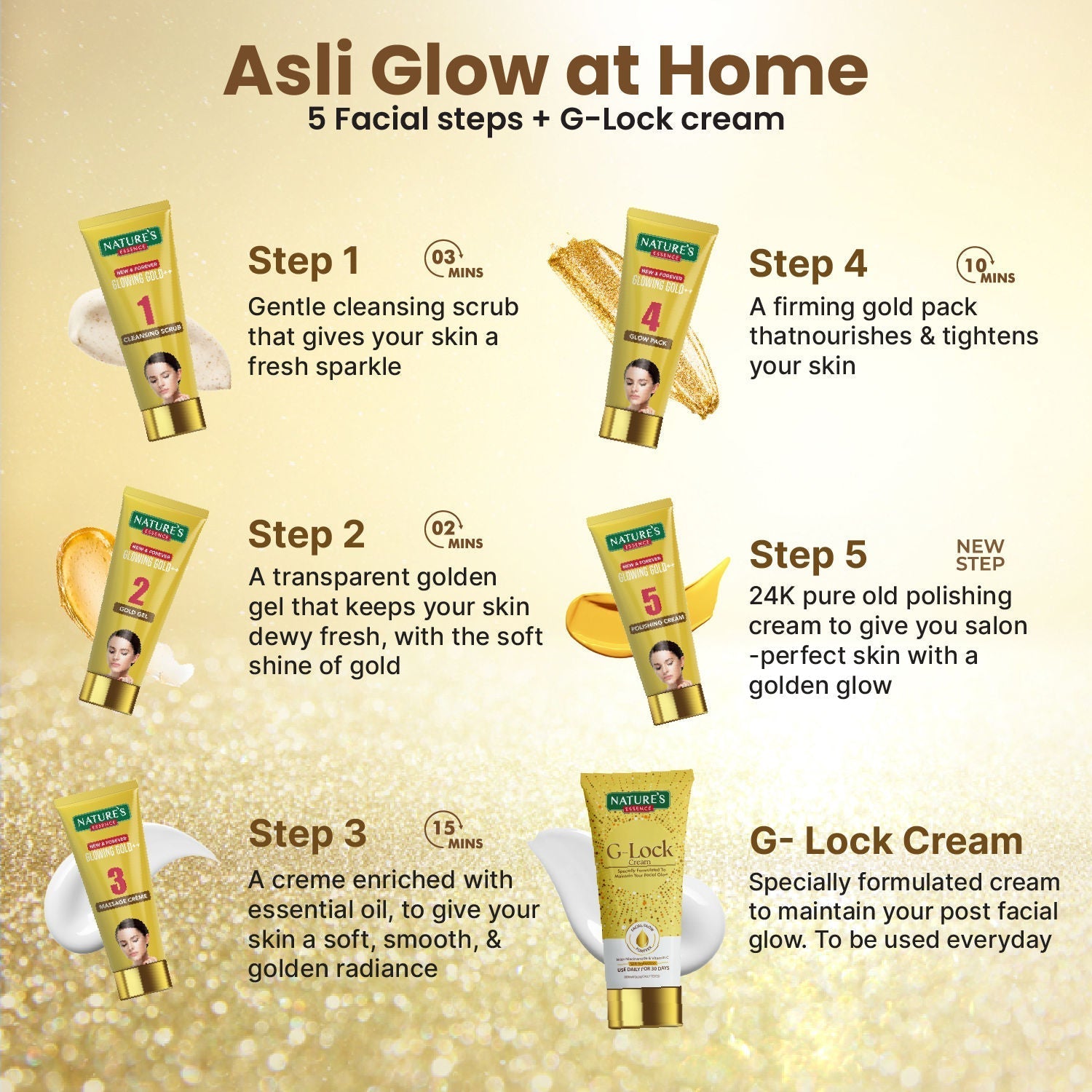 Nature's Essence Glowing Gold++ Facial Kit With Free Glock Cream, 75ml+25ml Buy at Indicrest Image 6