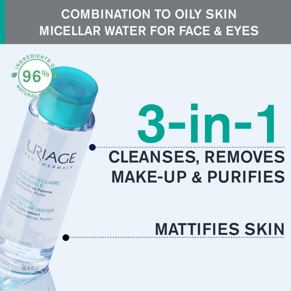 Uriage Thermal Micellar Water Normal - Dry Skin Removes Makeup From Face & Eyes Dermat Recommended, 250ml