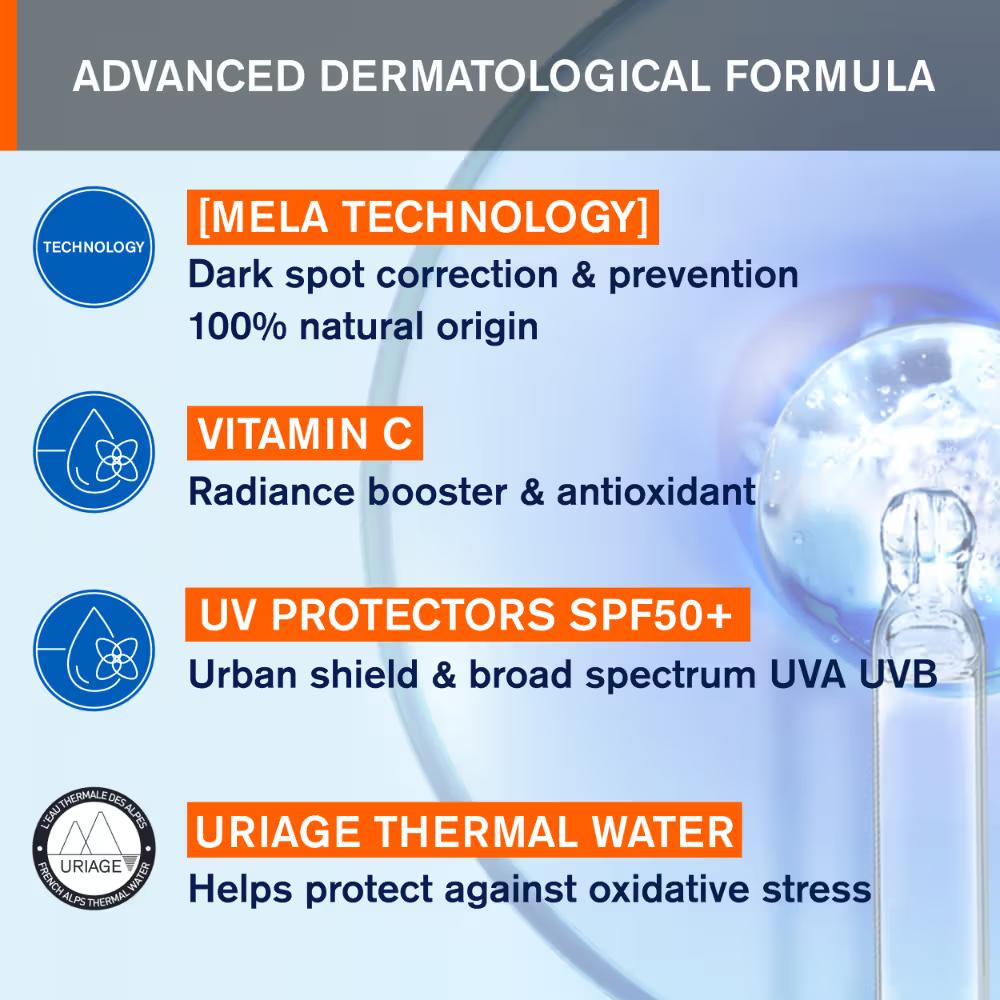 Uriage Depiderm Anti-Dark Spot Day Face Cream SPF 50+ Vitamin C Reduces Melasma Boosts Radiance, 30ml