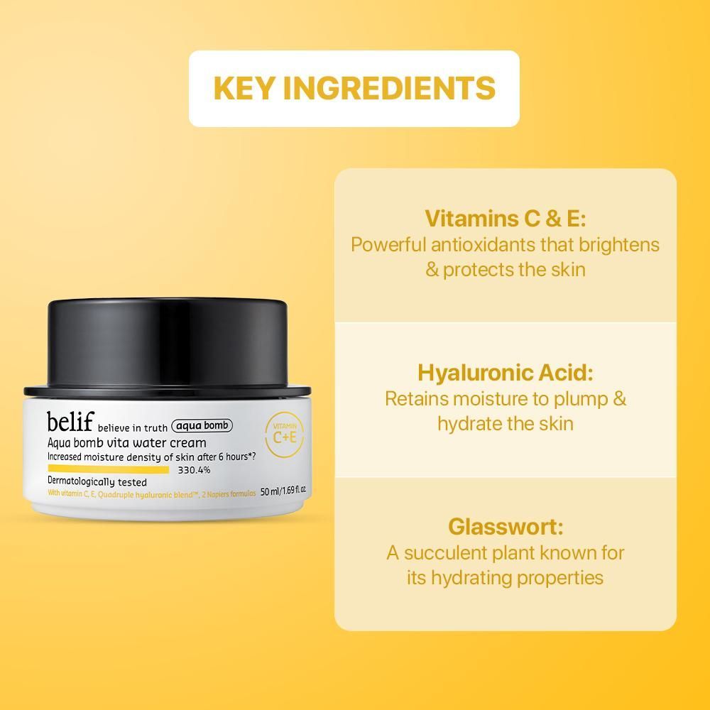 belif Aqua Bomb Vita Water Cream-Brightening Vegan Korean Moisturizer-Vitamin C & Hyaluronic Acid, 50ml