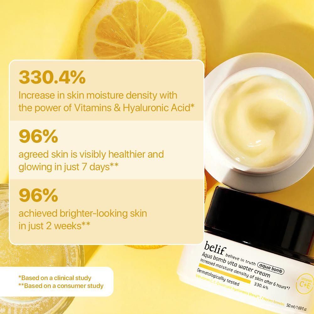 belif Aqua Bomb Vita Water Cream-Brightening Vegan Korean Moisturizer-Vitamin C & Hyaluronic Acid, 50ml