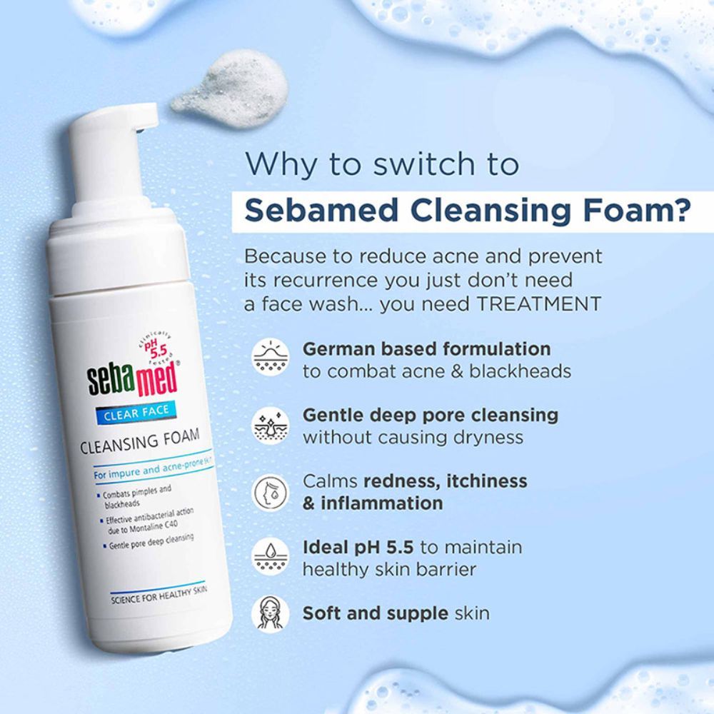 Sebamed Clear Face Foam, PH 5.5, Acne, Pimples & Blackheads, Montaline C40, Gentle Deep Cleanser, 150ml Buy at Indicrest Image 4