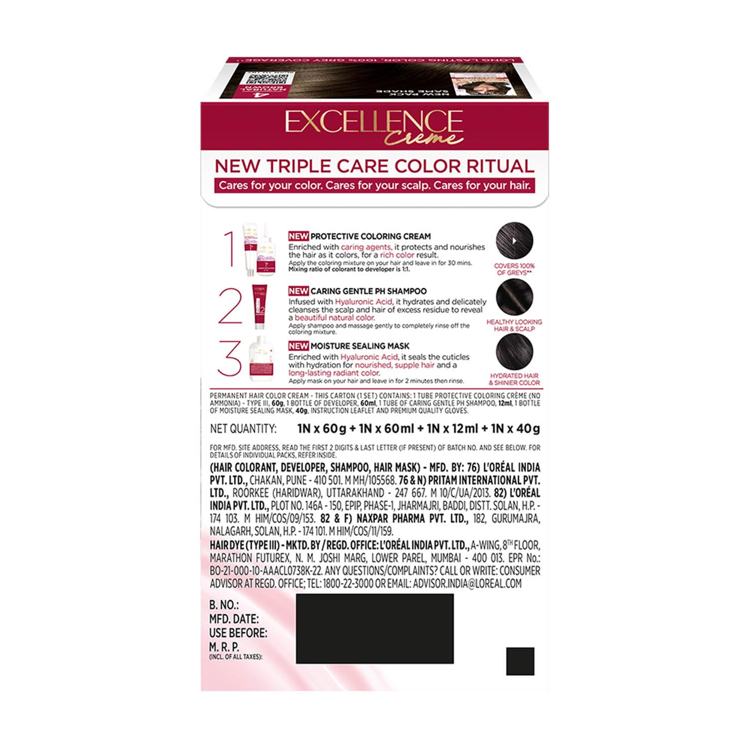 L'Oreal Paris Excellence Creme Hair Color, 4 Natural Brown (72ml+100g)