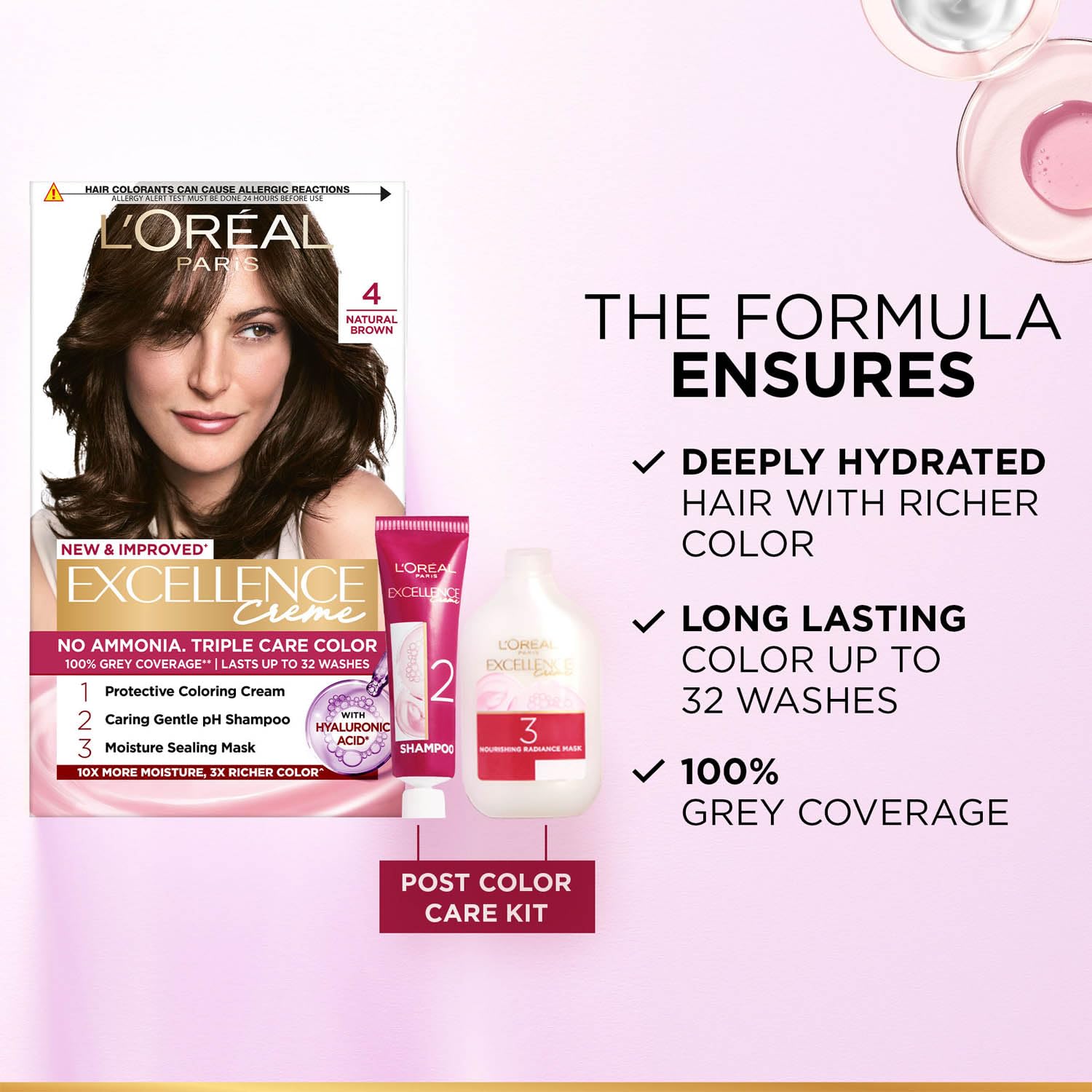 L'Oreal Paris Excellence Creme Hair Color, 4 Natural Brown (72ml+100g)