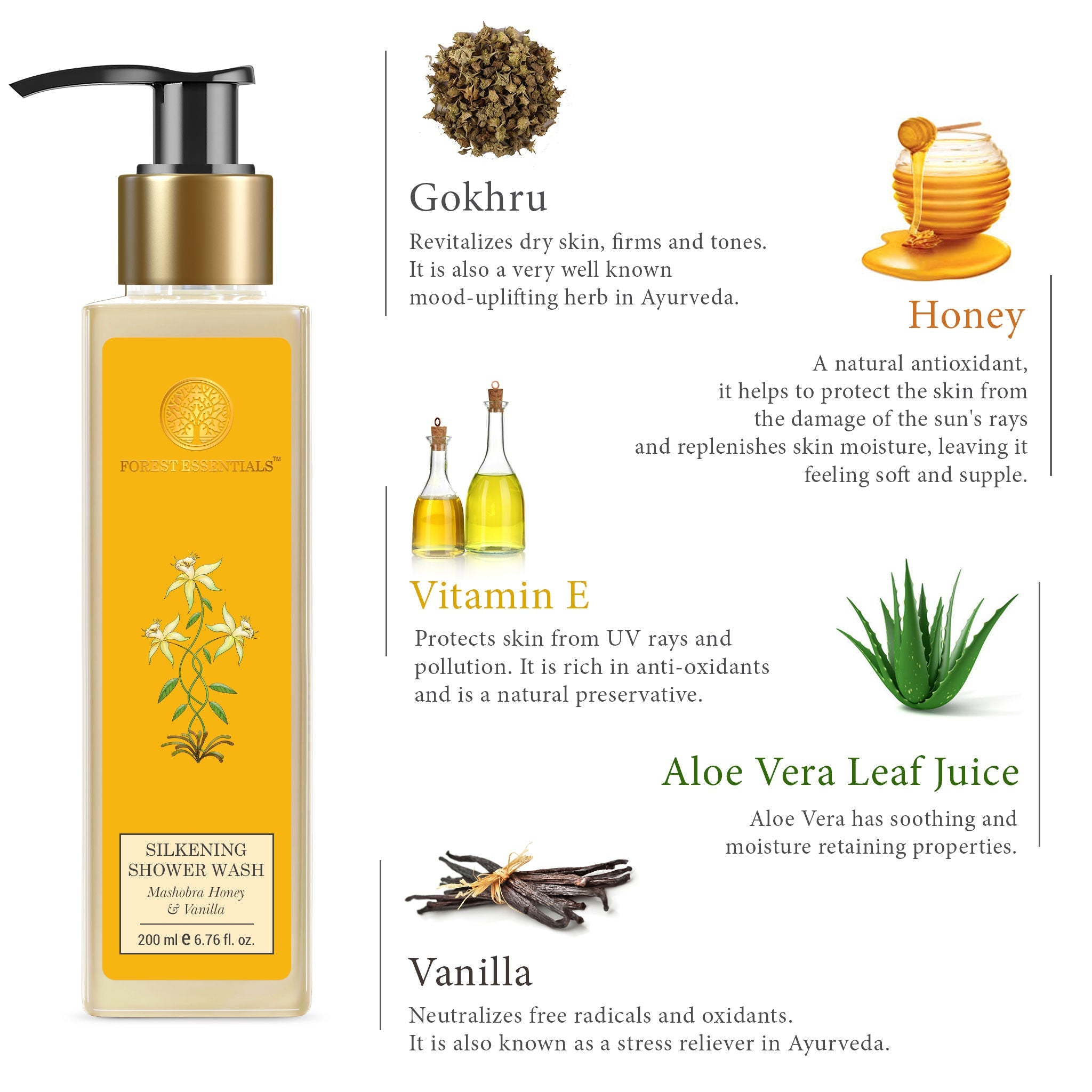 Forest Essentials Silkening Shower Wash Mashobra Honey & Vanilla - Ayurvedic Body Wash Sulphate Free, 200ml