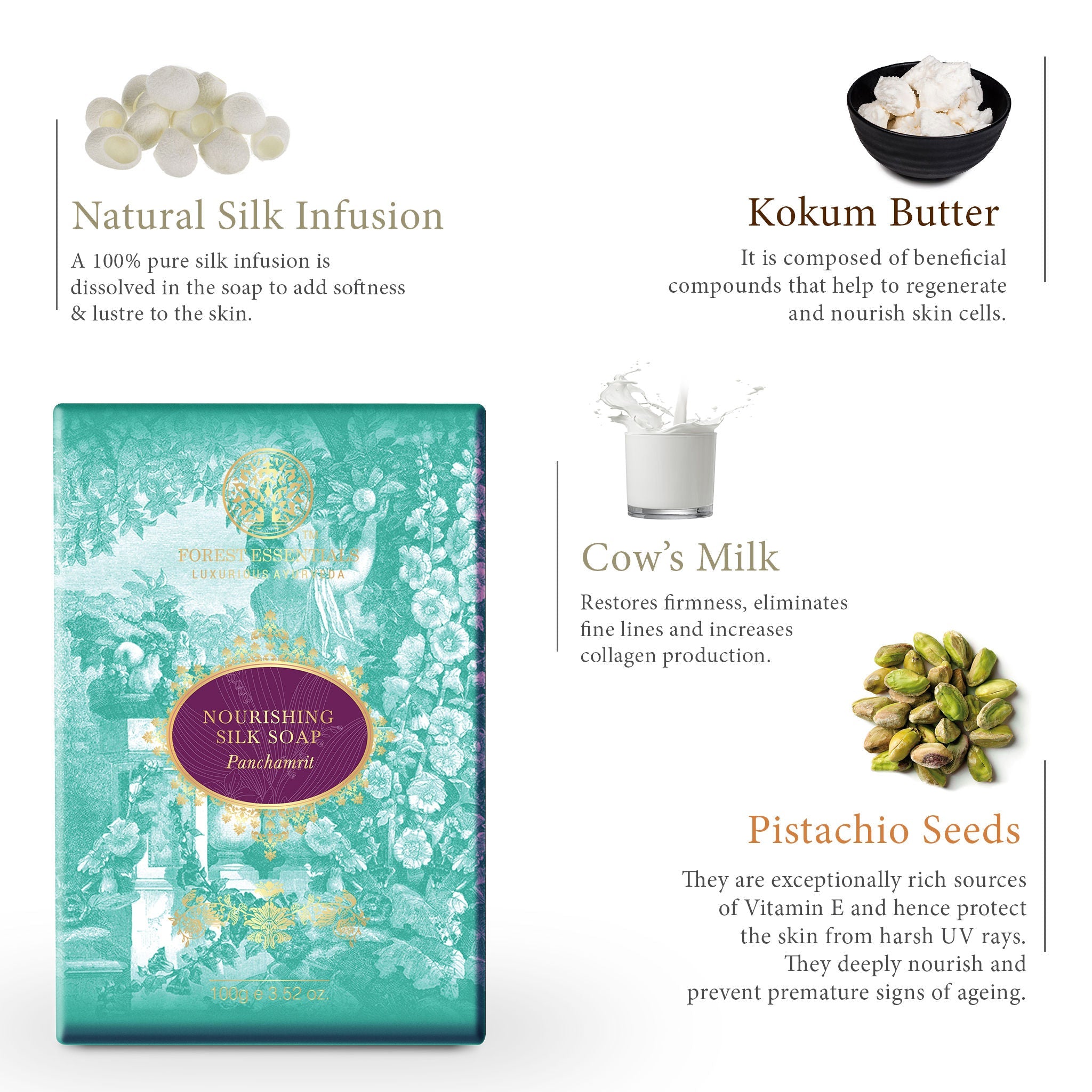Forest Essentials Nourishing Silk Soap Panchamrit Ayurvedic Luxury Handmade Soap for Bath, 100g