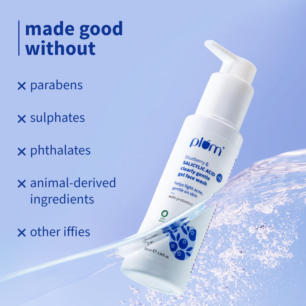 Plum Plum 1% Salicylic Acid Clearly Gentle Gel Face Wash with Blueberry | Helps Fight Active Acne | Gentle & Non-Drying | For Oily, Acne-Prone Skin | Beginner-Friendly | All Genders | 100% Vegan | 100 Ml, 100ml Buy at Indicrest Image 8