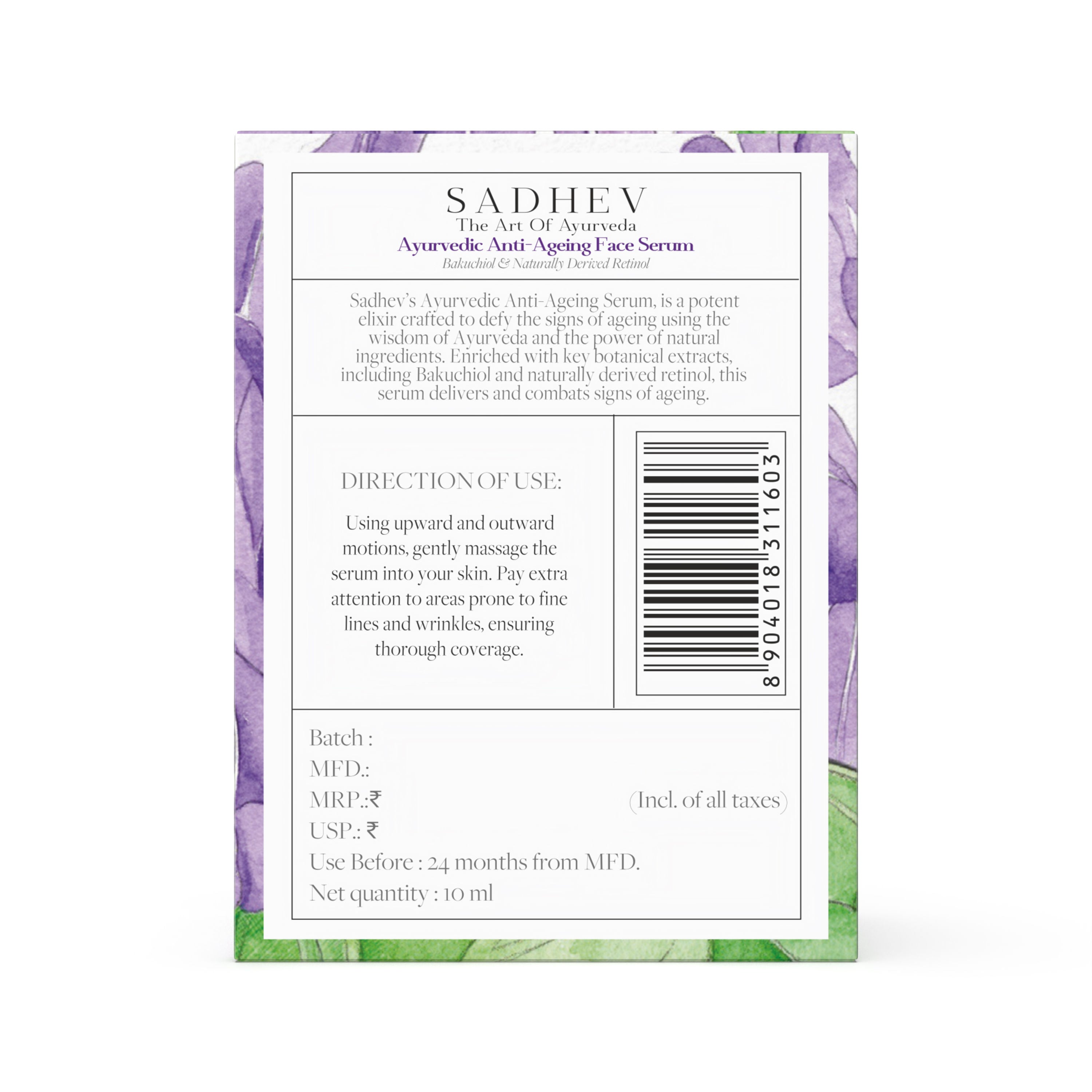 SADHEV Ayurvedic Anti-Ageing Face Serum with Bakuchiol & turally Derived Retinol, 10ml