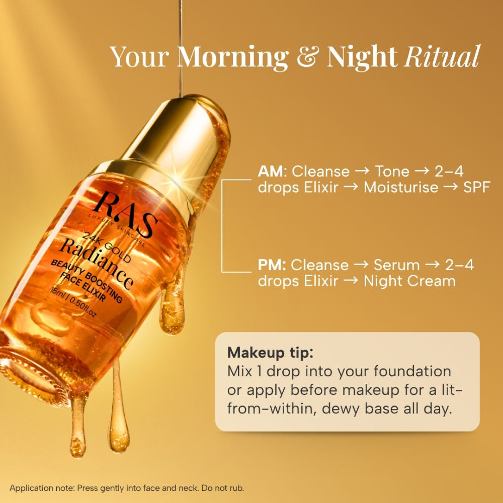 RAS Luxury Oils RAS Luxury Oils 24K Gold Radiance Beauty Boosting Face Elixir Serum For Glowing Skin, 15ml