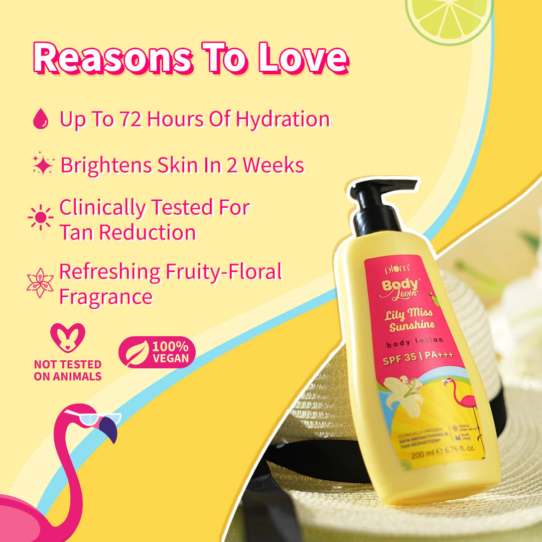 Plum Lily Miss Sunshine Sunscreen Body Lotion SPF 35 PA+++ by Plum BodyLovin' | No White Cast | Reduces Tan | Brightens, Cools & Hydrates Skin | Fresh Fruity-Floral Fragrance, 200ml Buy at Indicrest Image 3