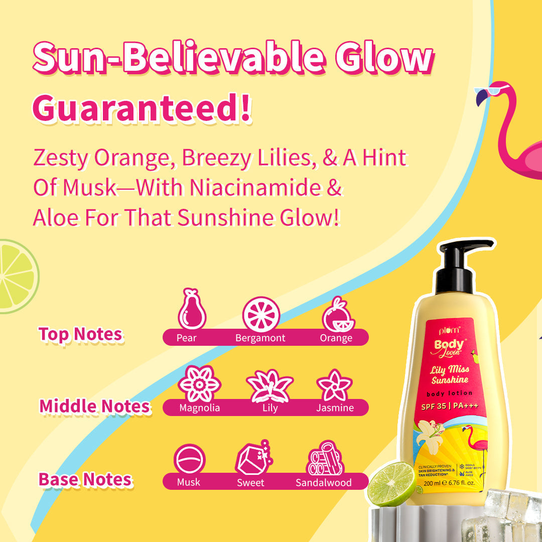 Plum Lily Miss Sunshine Sunscreen Body Lotion SPF 35 PA+++ by Plum BodyLovin' | No White Cast | Reduces Tan | Brightens, Cools & Hydrates Skin | Fresh Fruity-Floral Fragrance, 200ml Buy at Indicrest Image 5