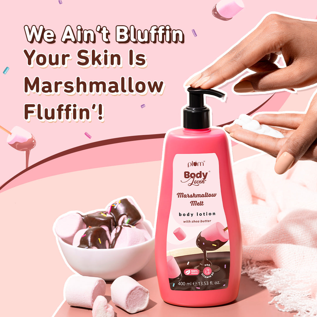Plum Marshmallow Melt Body Lotion by Plum BodyLovin' | Instant & Intense Moisturization | Shea Butter & Vitamin B5 | Marshmallow Cocoa Fragrance | Non-Greasy | Normal To Dry Skin, 400ml Buy at Indicrest Image 3