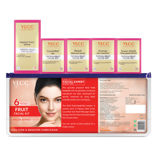 VLCC Fruit Facial Kit packaging with multiple facial packs and a larger box displaying product details. Buy at Indicrest