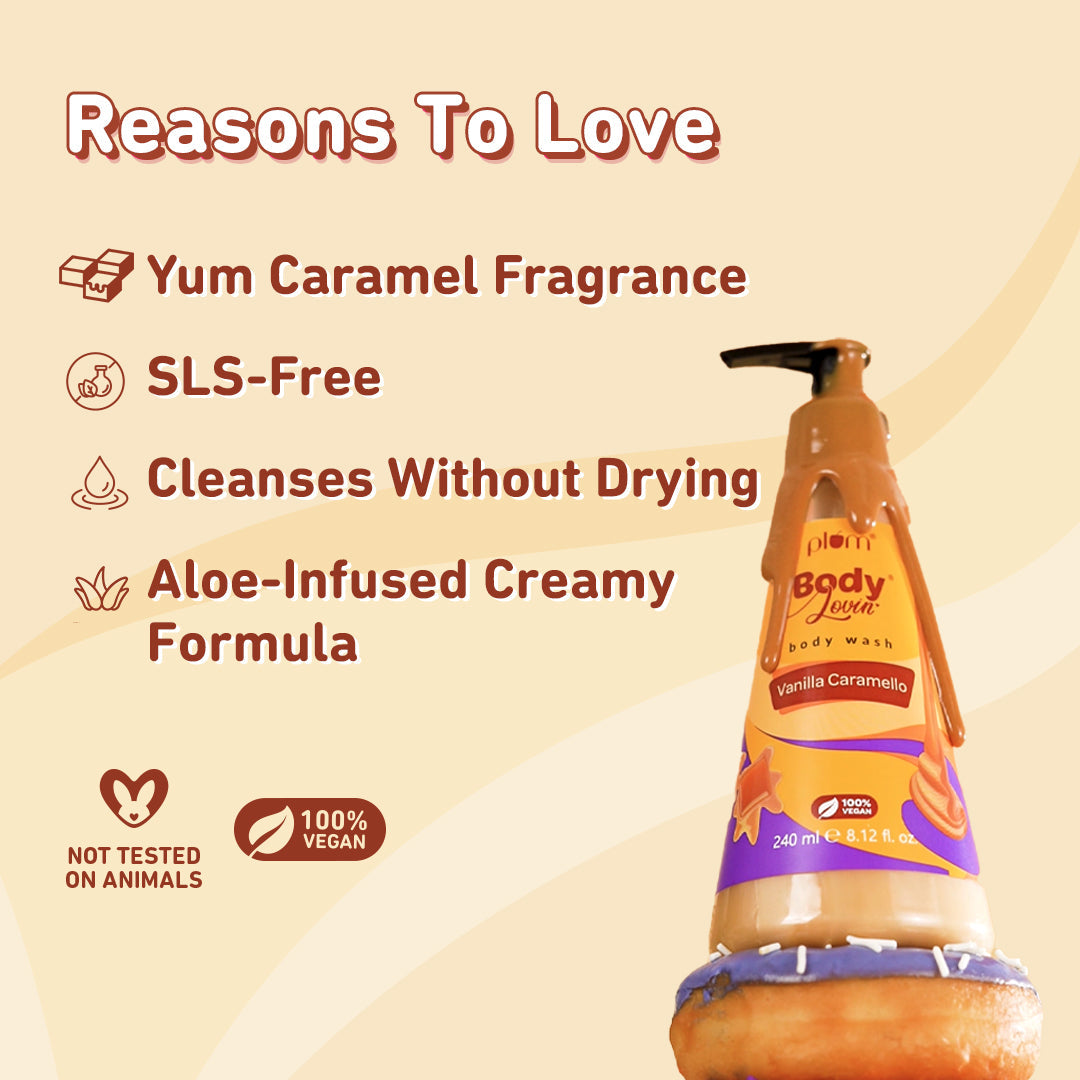 Plum Vanilla Caramello Body Wash by Plum Body Lovin' | SLS-Free | Hydrating Formula | Delicious Caramel Fragrance | Aloe-Infused Body Wash, 240ml Buy at Indicrest Image 5