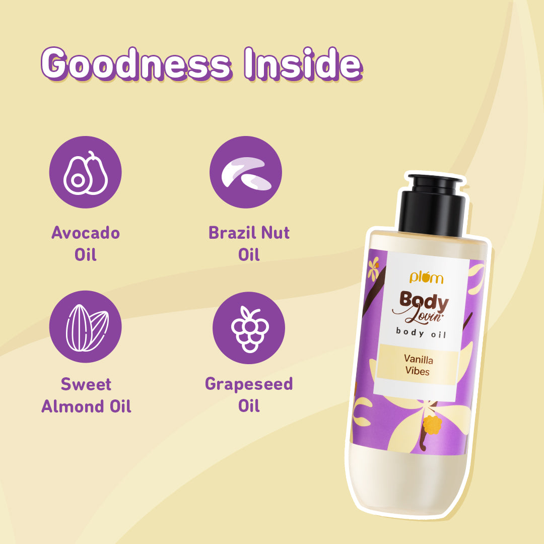 Plum Vanilla Vibes Body Oil by Plum BodyLovin' | Intense Moisture & Instant Glow | Non-Greasy & Lightweight | Nourishes Skin | Warm Vanilla Fragrance, 200ml Buy at Indicrest Image 5