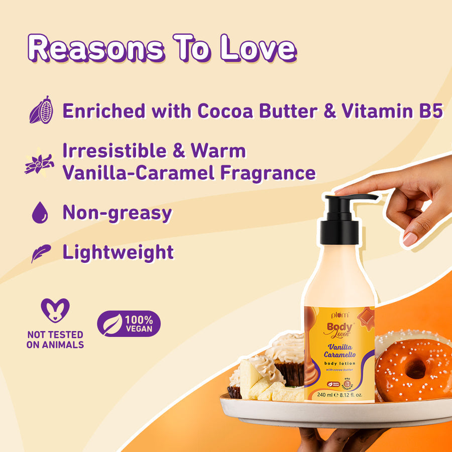 Plum Vanilla Caramello Body Lotion by Plum BodyLovin' | Deep Moisturization| Non-Greasy | Warm & Cozy Vanilla Fragrance | Normal To Dry Skin, 240ml Buy at Indicrest Image 2