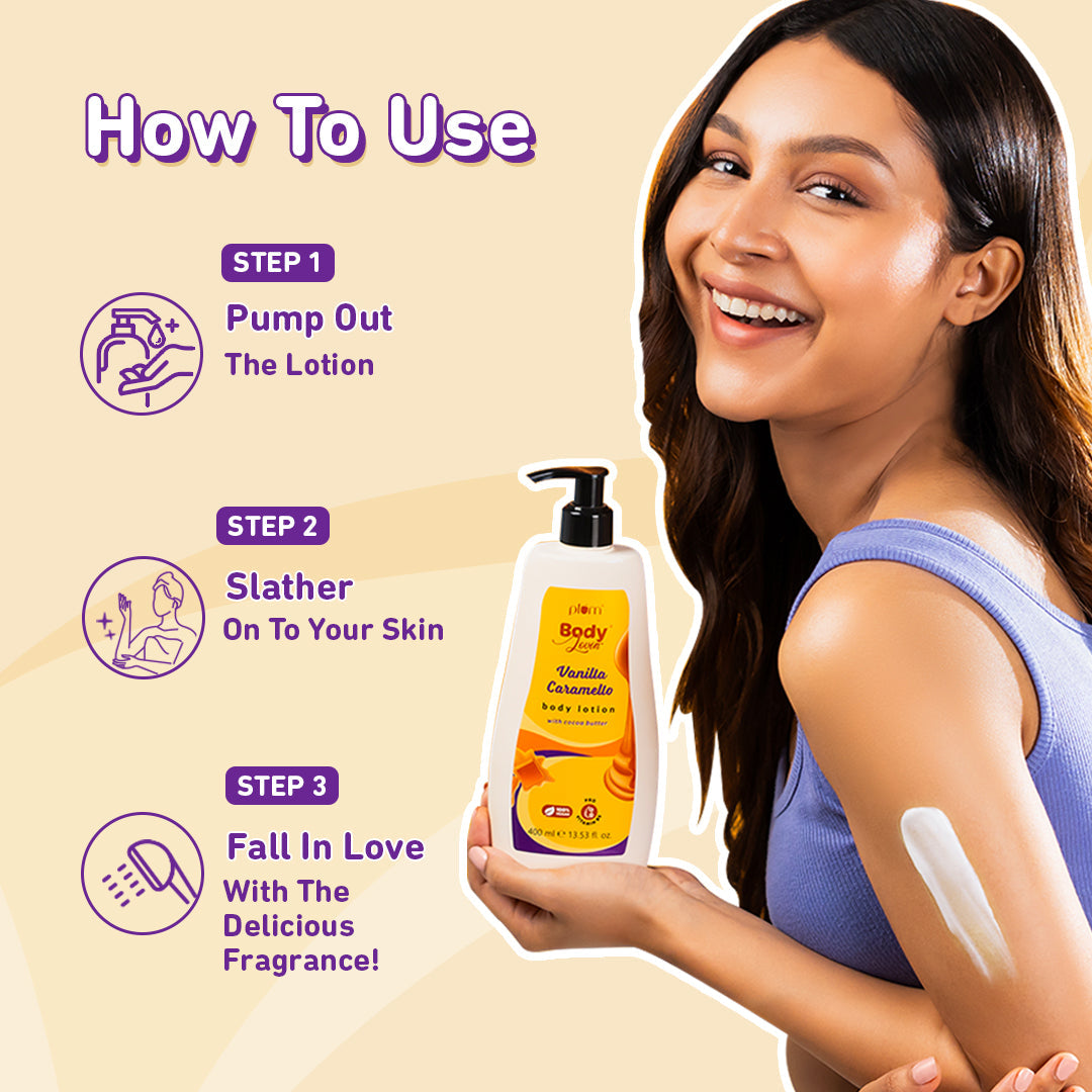 Plum Vanilla Caramello Body Lotion by Plum BodyLovin' | Deep Moisturization| Non-Greasy | Warm & Cozy Vanilla Fragrance | Normal To Dry Skin, 400ml Buy at Indicrest Image 5