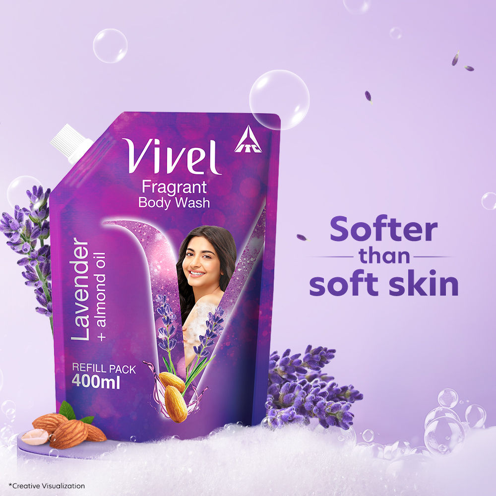 Vivel Fragrant Body Wash Lavender & Almond Oil Moisturizing Shower Gel Supersaver Refill Pack, 400ml Buy at Indicrest Image 4