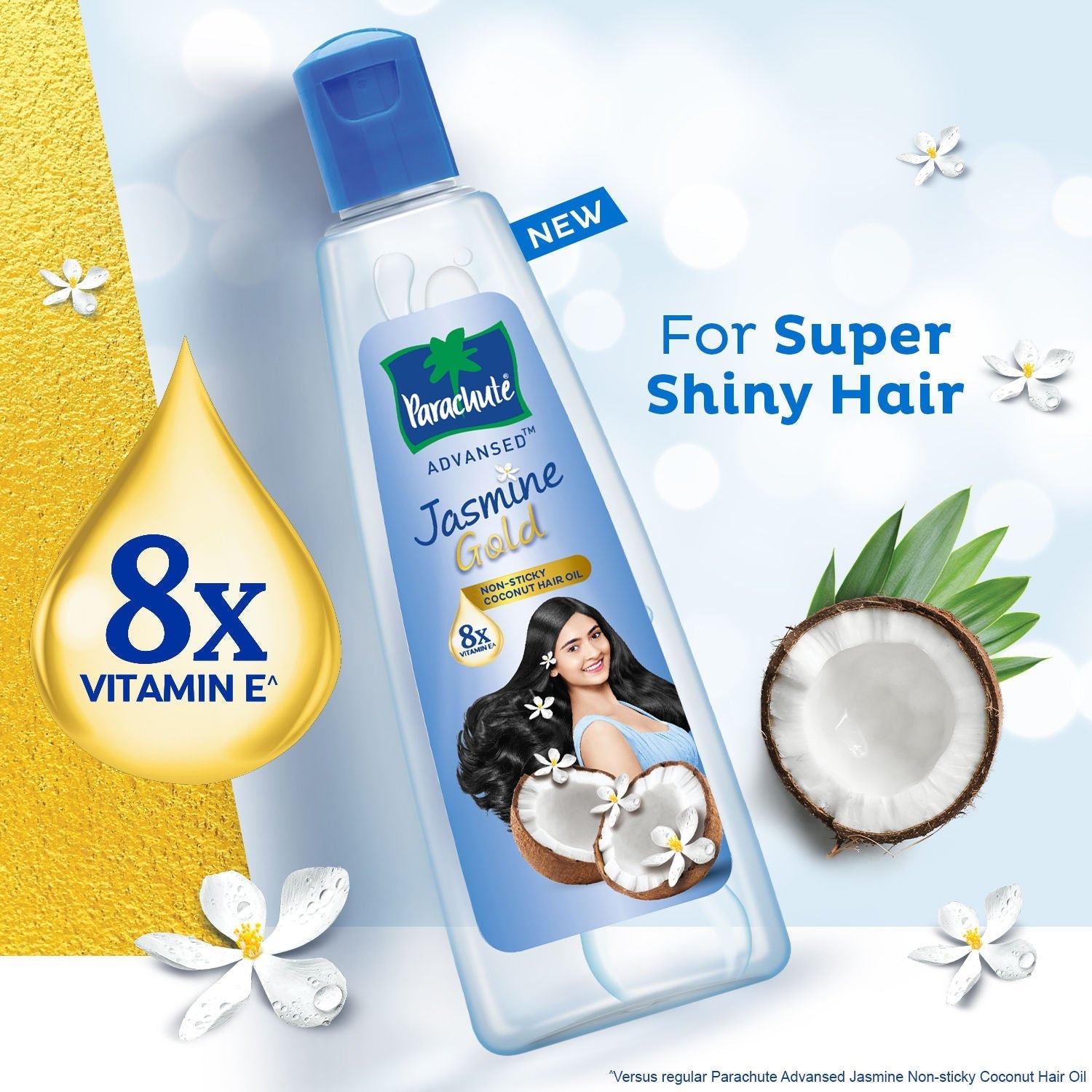 Parachute Advansed Jasmine Gold Coconut Hair Oil, Vitamin-E, Super Shiny Hair, Non-sticky, 300ml Buy at Indicrest Image 7