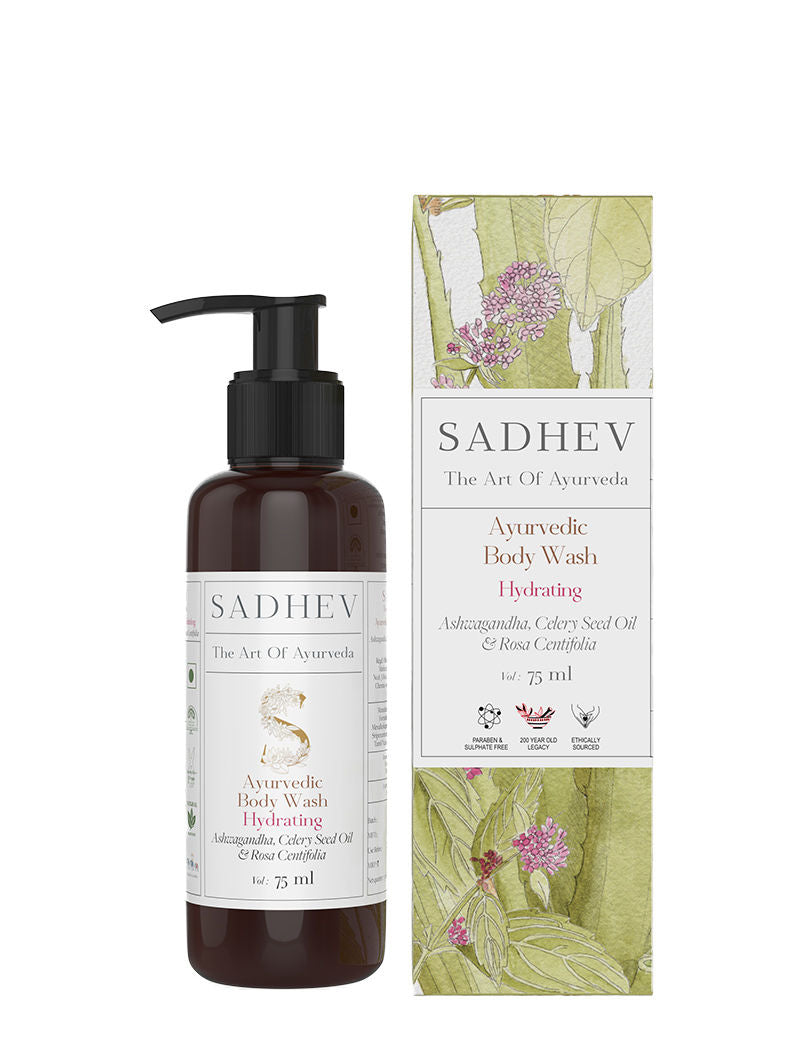 SADHEV Ayurvedic Ashwagandha, Celery Seed Oil & Rosa Centifolia Hydrating Body Wash, 75ml