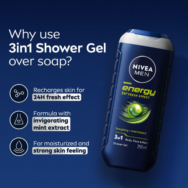 Nivea MEN Body Wash, Energy with Mint Extracts, Shower Gel for Body, Face & Hair, 250ml Buy at Indicrest Image 5