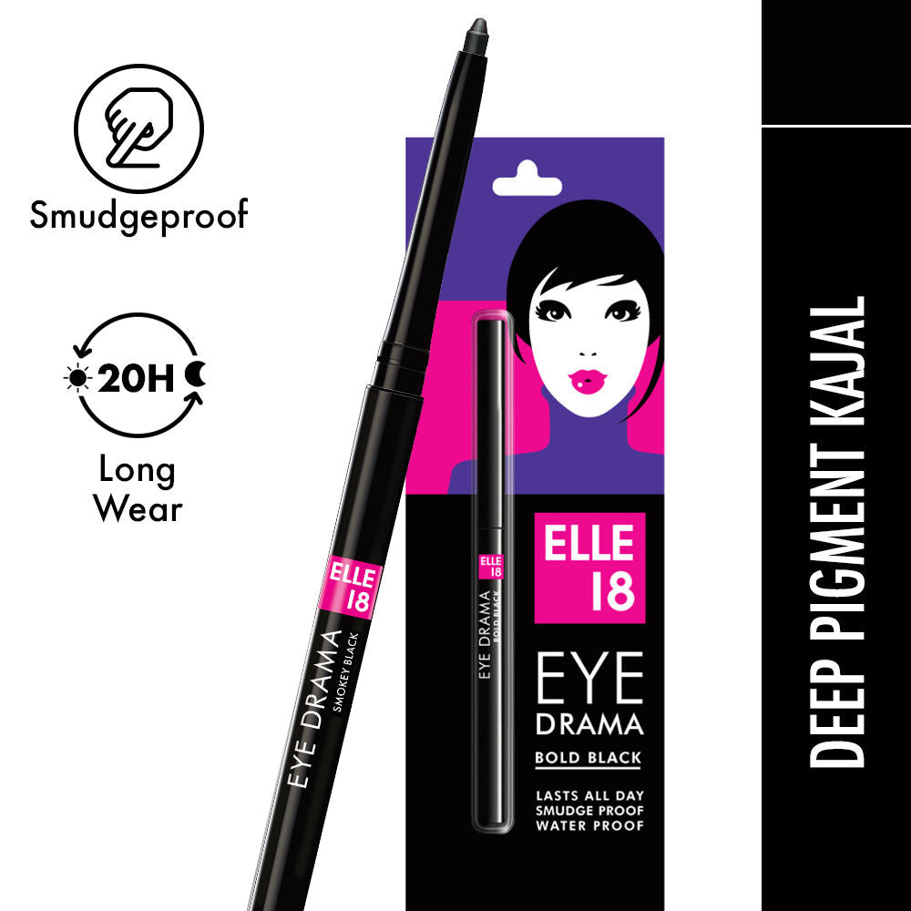 Elle 18 Eye Drama Kajal With 20Hrs Long Stay, Smudgeproof, Waterproof - Bold Black, 0.35g Buy at Indicrest